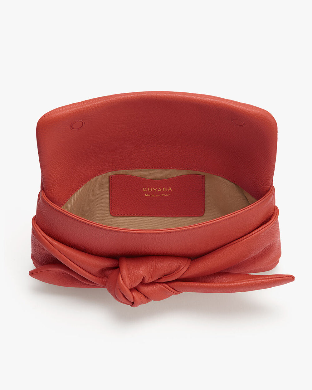 Bow Clutch Open leather handbag with a knotted detail on the front.