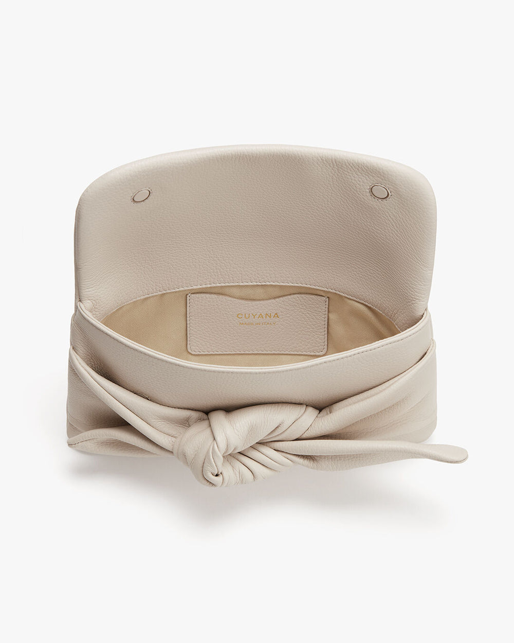 Bow Clutch Open handbag with a knotted design detail on front.
