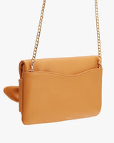 Handbag with chain strap and front flap, isolated on white background.