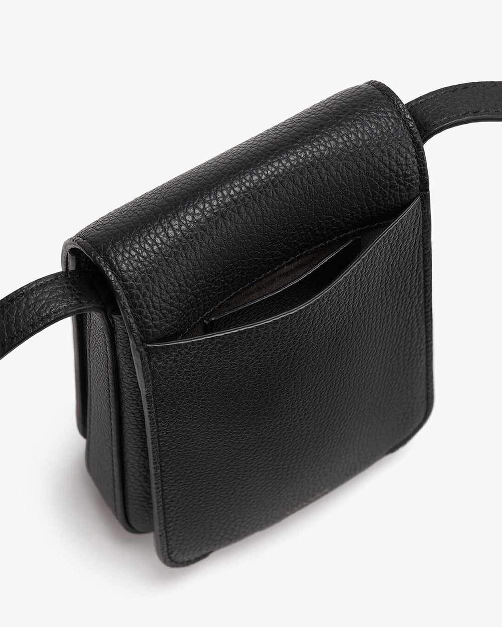 Small black shoulder bag with a textured surface