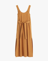 Sleeveless dress with a waist tie and a scooped neckline displayed against a plain background.