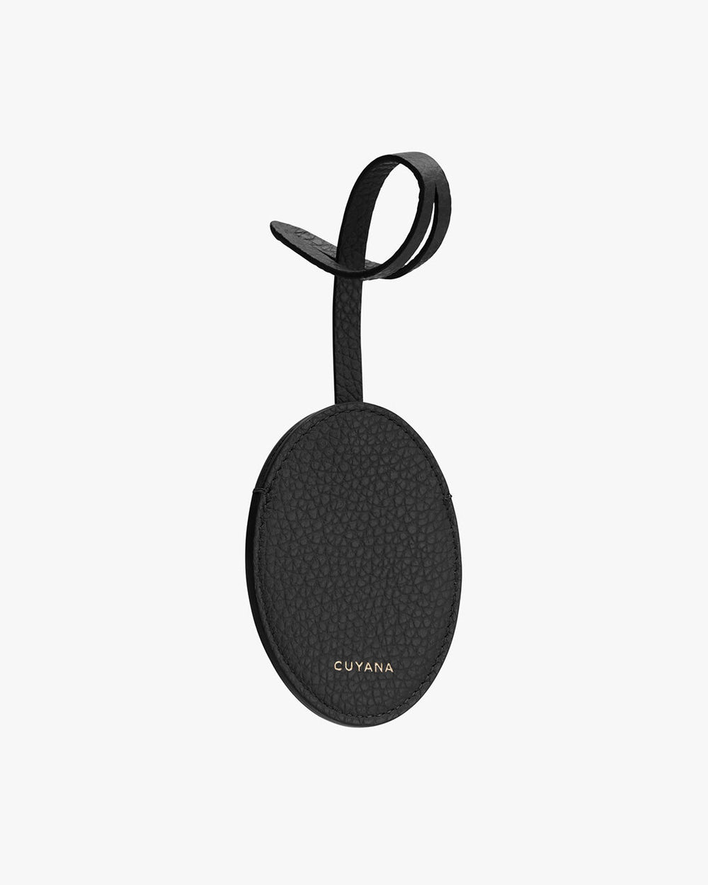 Oval-shaped tag with a loop and branded text.