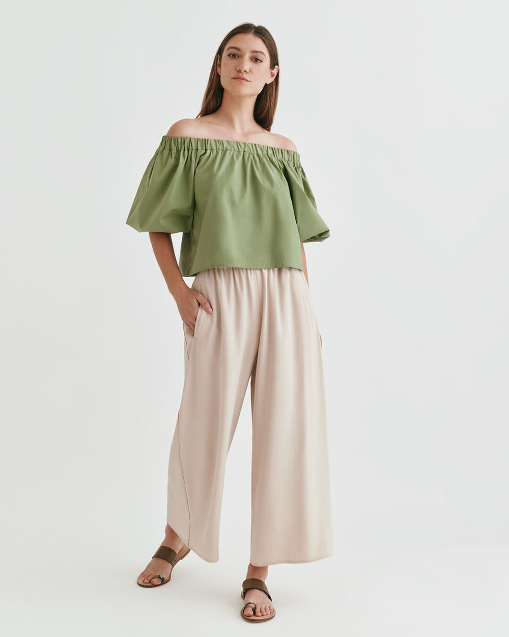 Poplin Off-The-Shoulder Cropped Top Woman standing in off-shoulder top and wide-leg pants