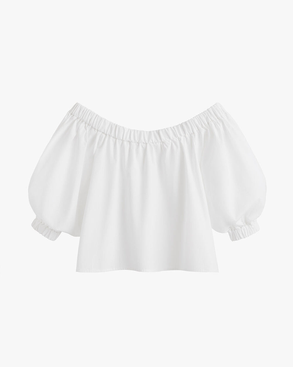 Off-shoulder blouse with elastic neckline and puffed sleeves.