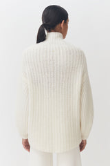 Person in sweater viewed from behind with hair tied back.