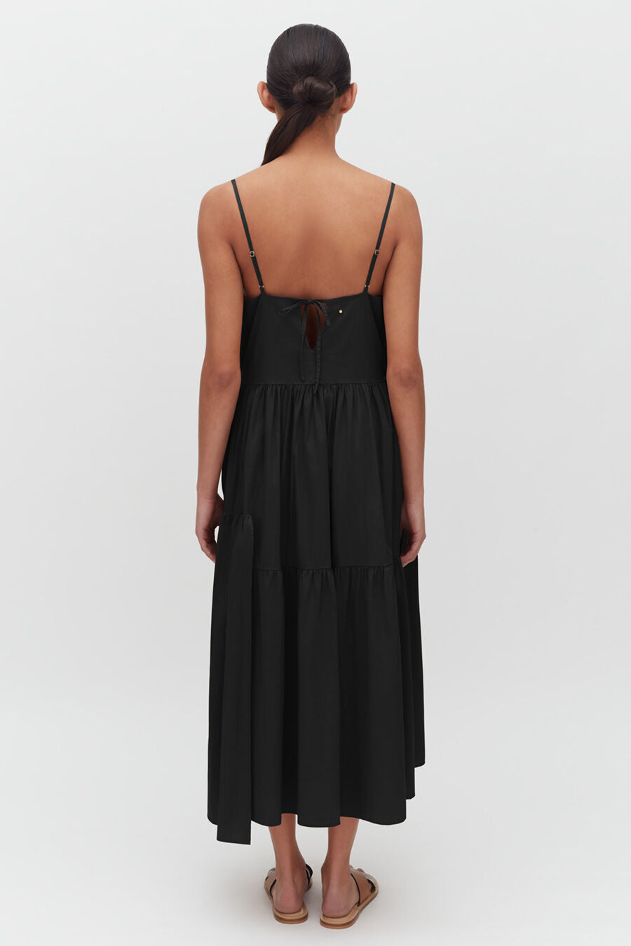 Poplin Tiered Dress Woman seen from behind wearing a dress and sandals.