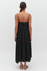 Woman seen from behind wearing a dress and sandals.