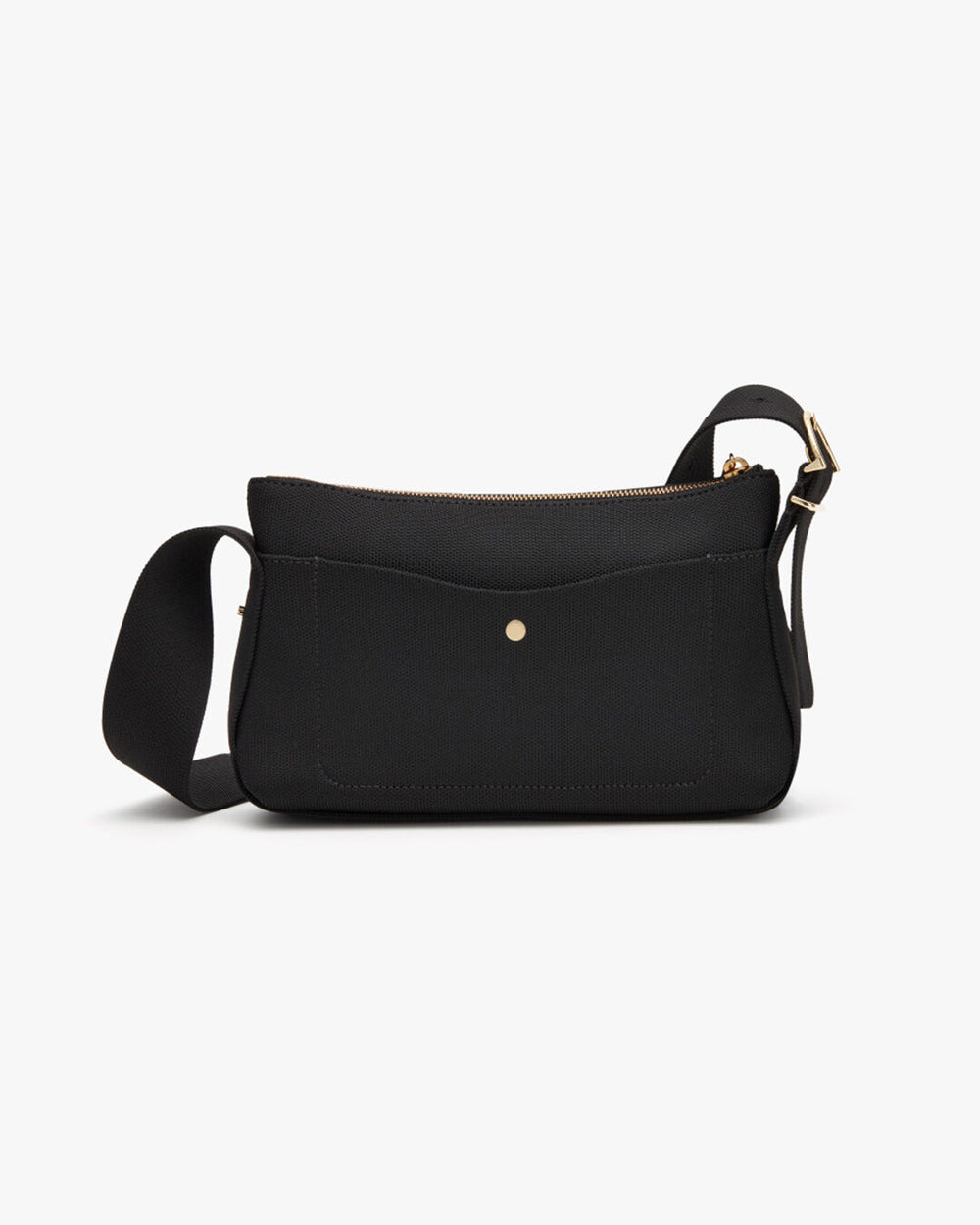 Small purse with front flap and adjustable strap.