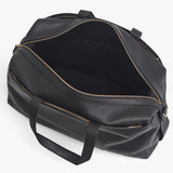 Open weekender travel bag with a shoulder strap and two zippers.