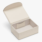 Open box with a lid and internal divider.