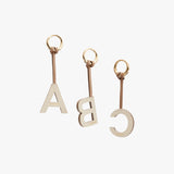 Three keychains with letters A, B, and C attached.