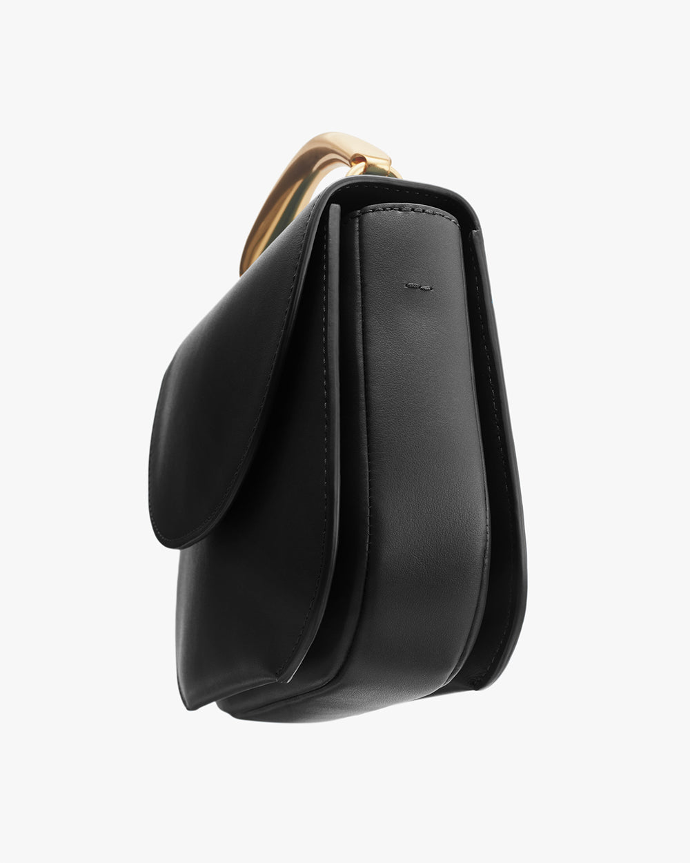 Side view of a closed handbag with a rounded top handle.