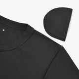 Close-up of a shirt with a detachable collar and shoulder zipper.