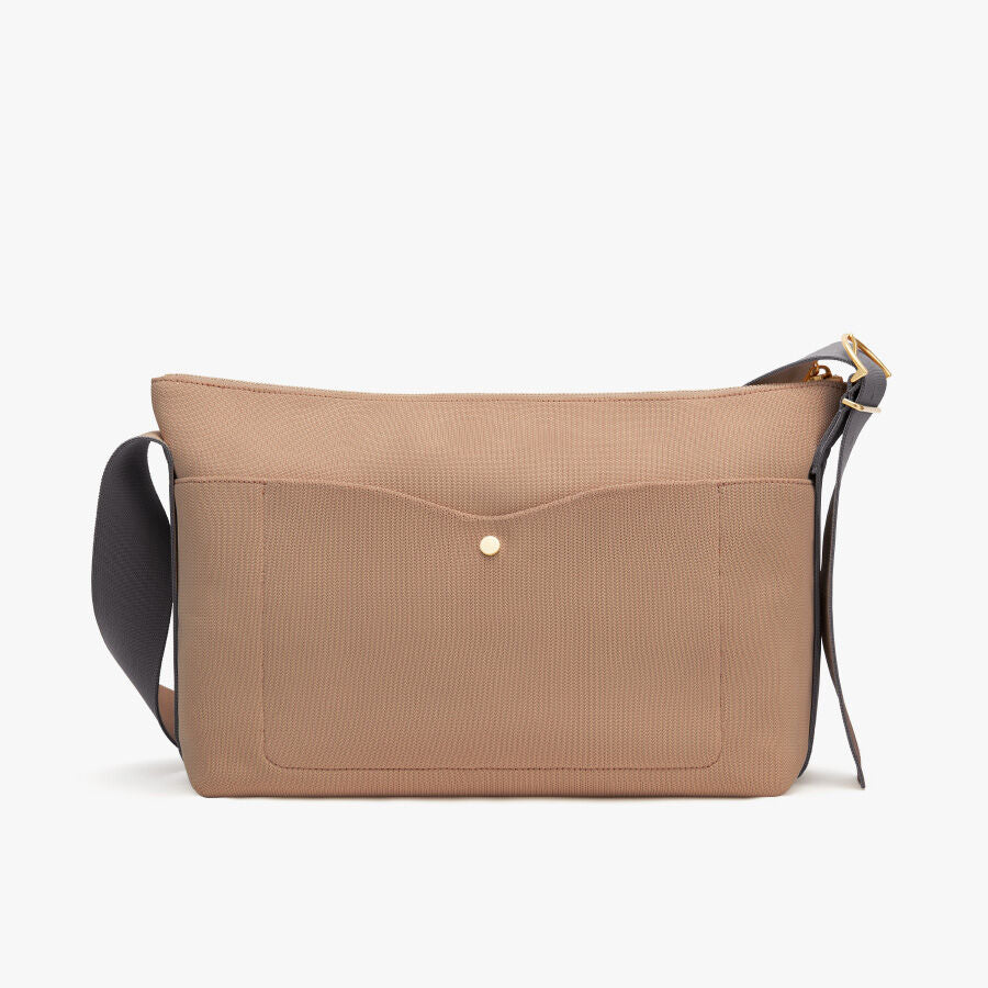 Rectangular shoulder bag with a front flap and adjustable strap.