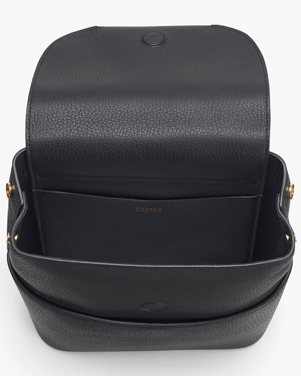 Open handbag viewed from above.