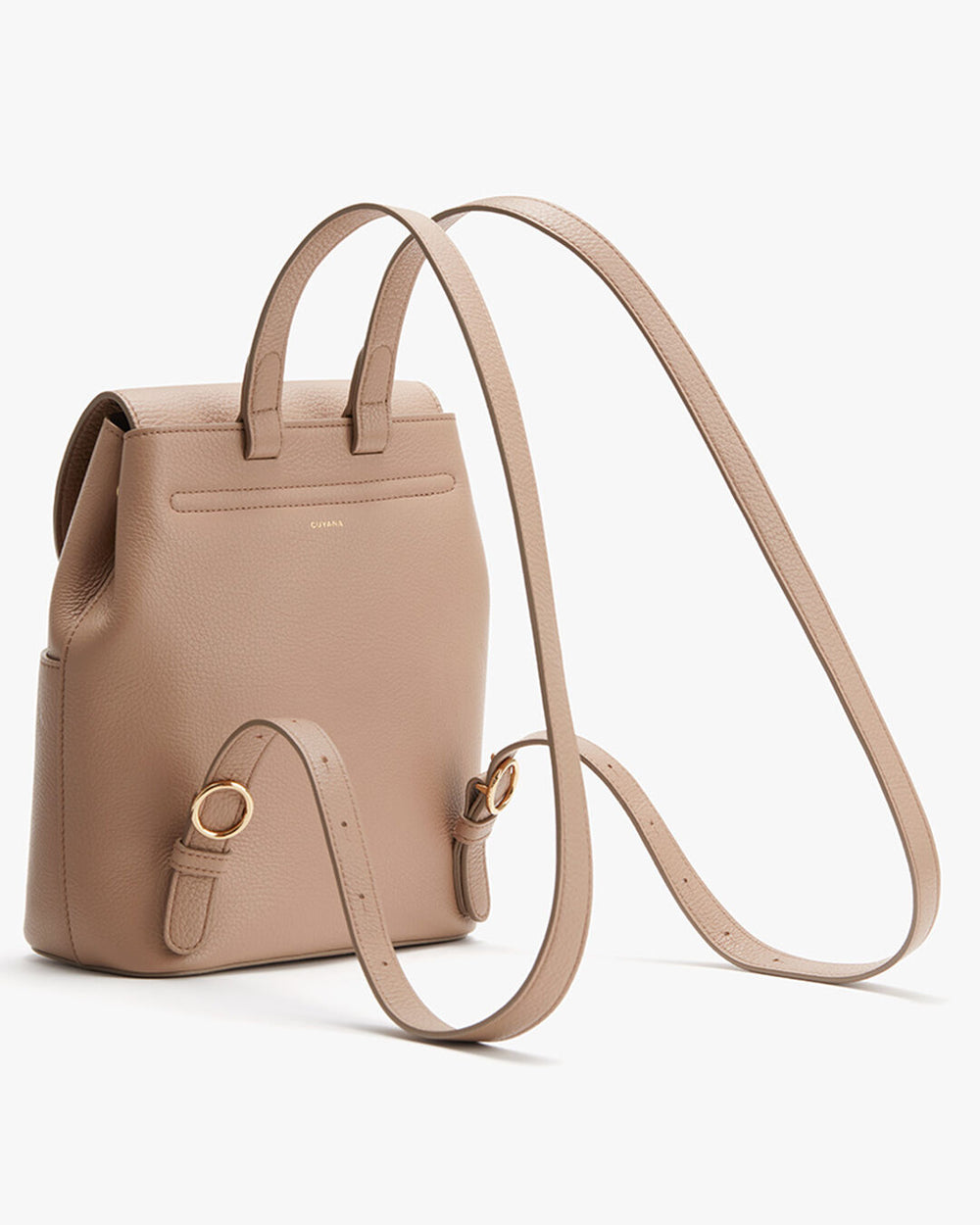 Small backpack with thin shoulder straps and a top handle.