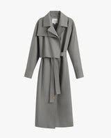 Long coat with a belt and large lapels, displayed against a plain background.