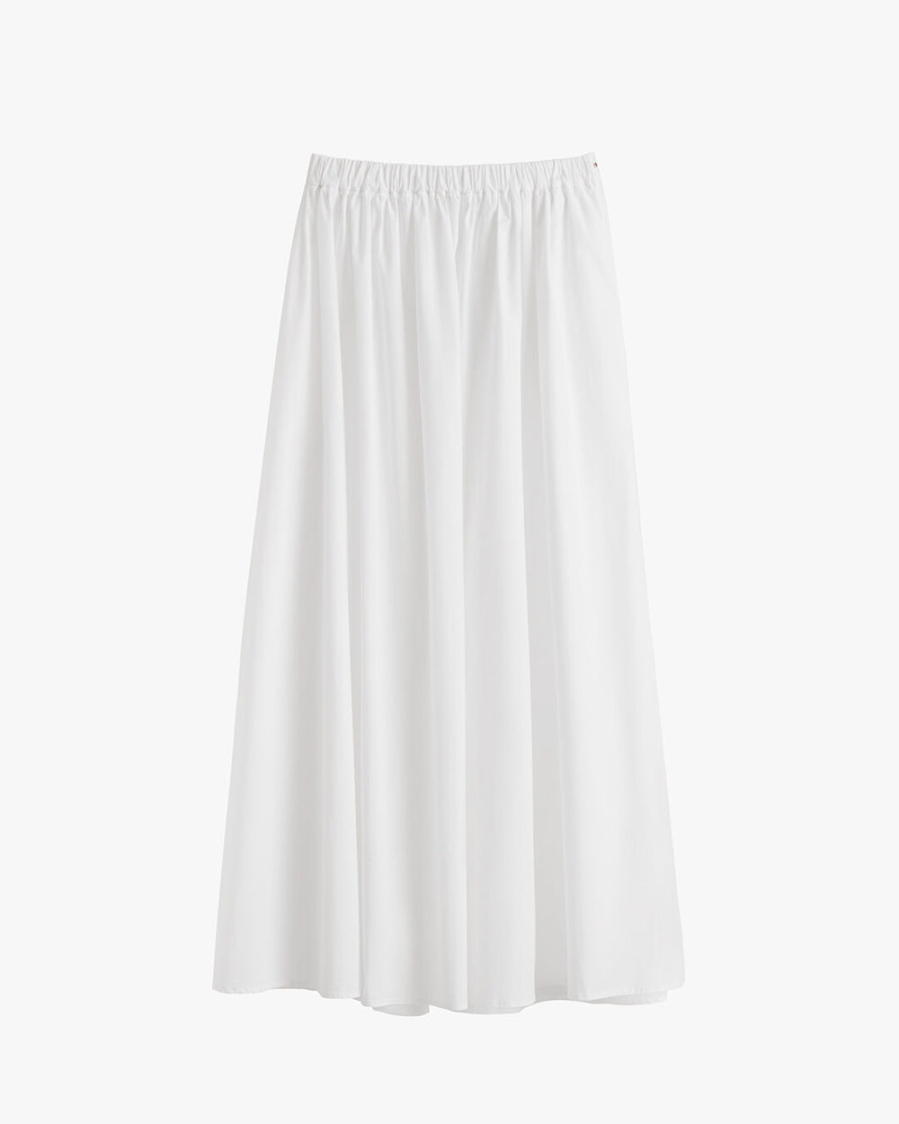 Poplin Gathered Skirt Long skirt with elastic waistband hanging against plain background.