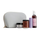 Cosmetic bag with four beauty products in front.