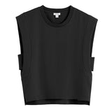Sleeveless top with shoulder pads and side buckles.