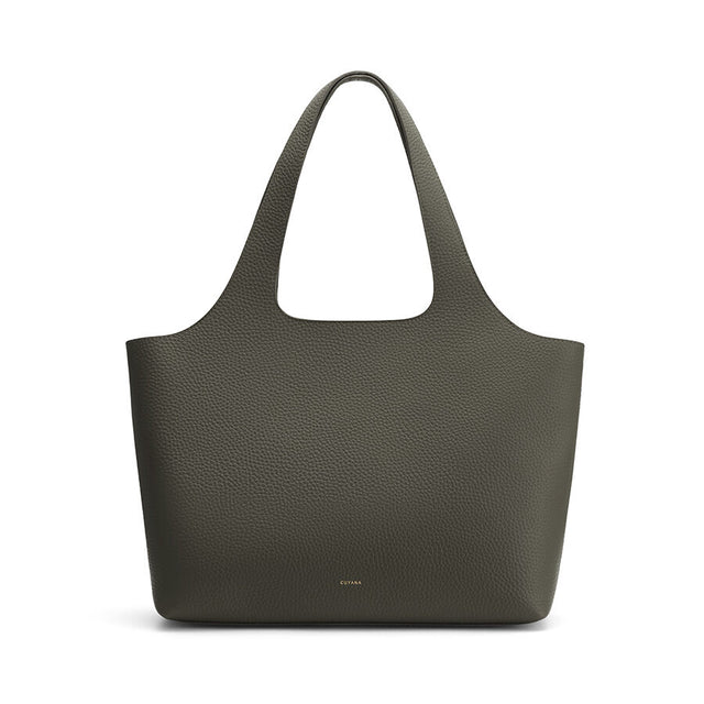 Large tote bag with a single handle and a brand logo at the bottom.