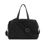Handbag with shoulder strap and top handle, front clasp closure.