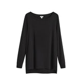 Long-sleeved crew neck sweater displayed against a plain background.