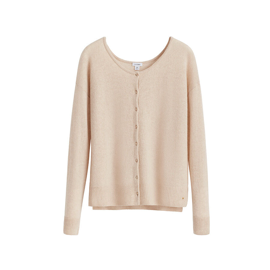 Long-sleeve cardigan with front buttons and a round neckline.