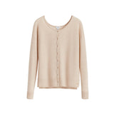 Long-sleeve cardigan with front buttons and a round neckline.