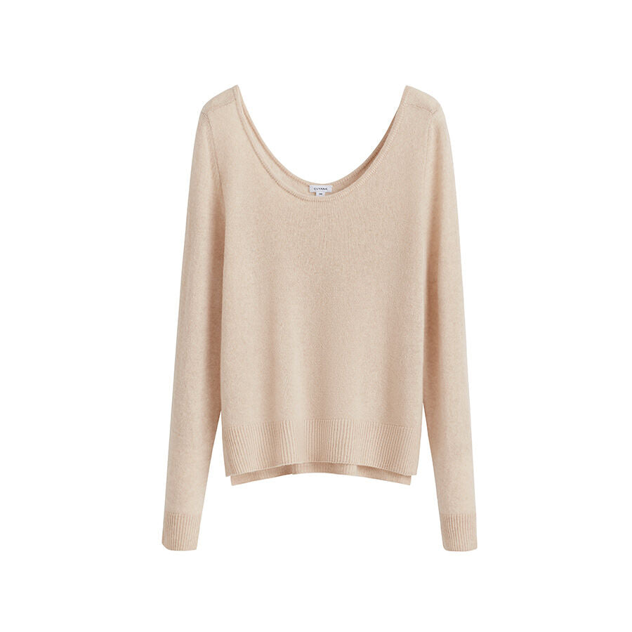 Long-sleeved sweater with a scooped neckline.