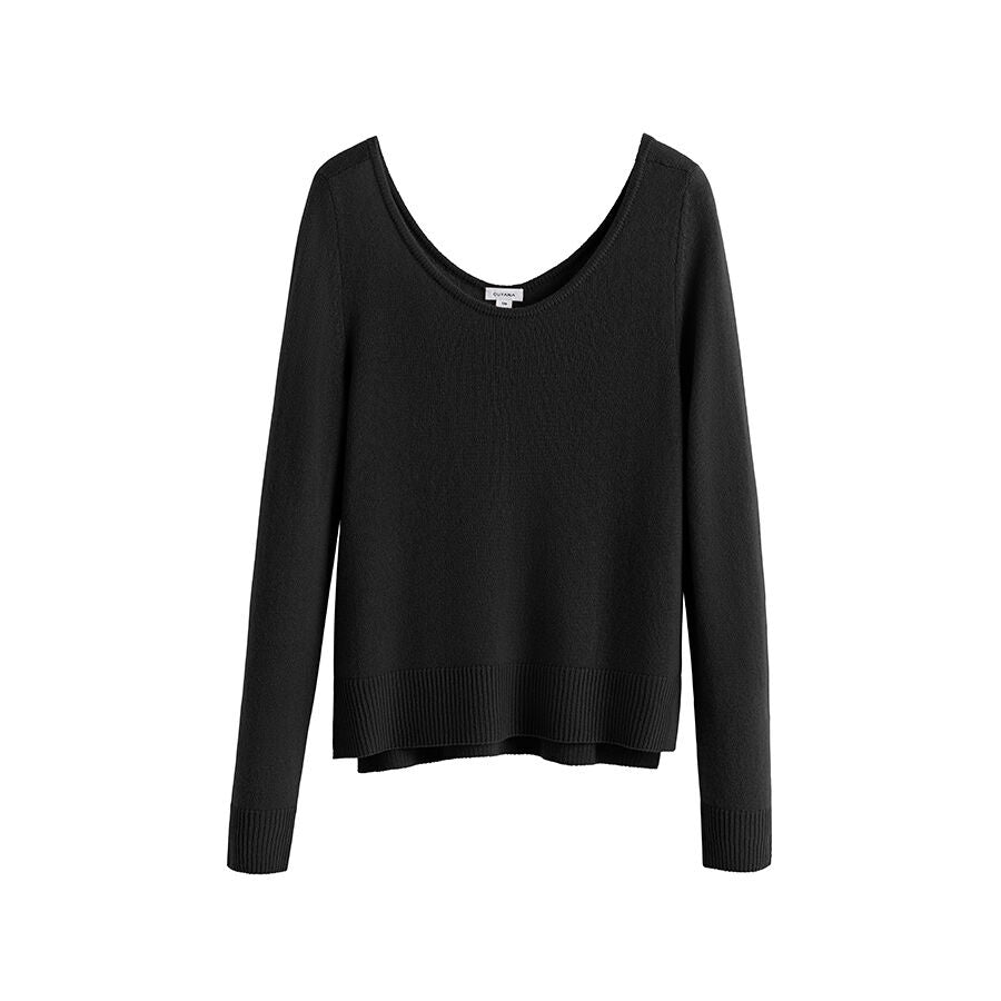 Black long-sleeved sweater on a white background.