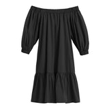 Off-shoulder dress with ruffled hem and three-quarter sleeves