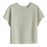 Plain short-sleeved T-shirt displayed on a flat surface