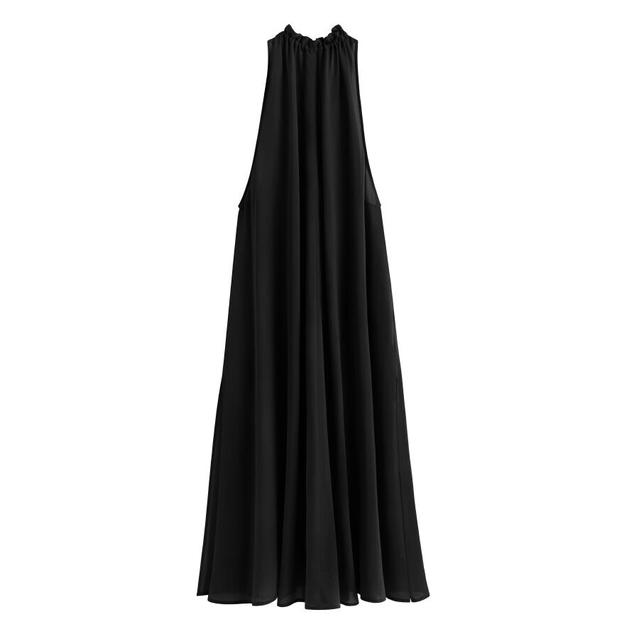 Long sleeveless dress with gathered neckline on plain background.