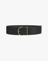 Belt with a circular buckle and multiple holes.