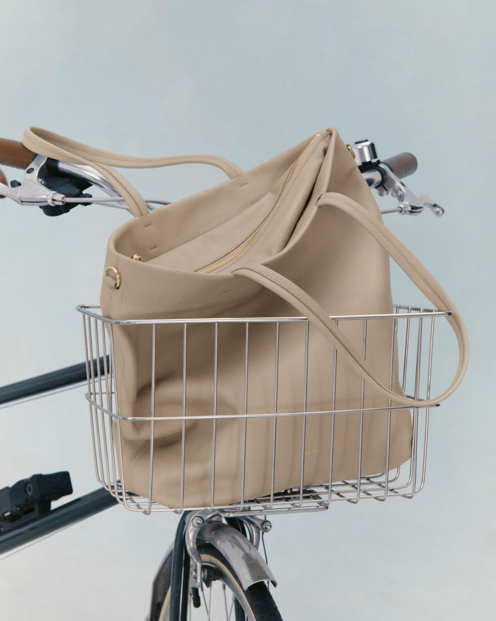 Bag in a bicycle basket with bike handlebars visible.
