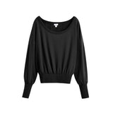 Black long-sleeved blouse with a scooped neckline and cinched waist.