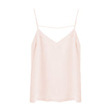 Sleeveless top with thin straps and a V-neckline.