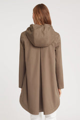 Woman wearing a hooded coat, viewed from the back.