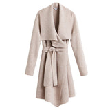 Women's belted coat with a draped collar and long sleeves.