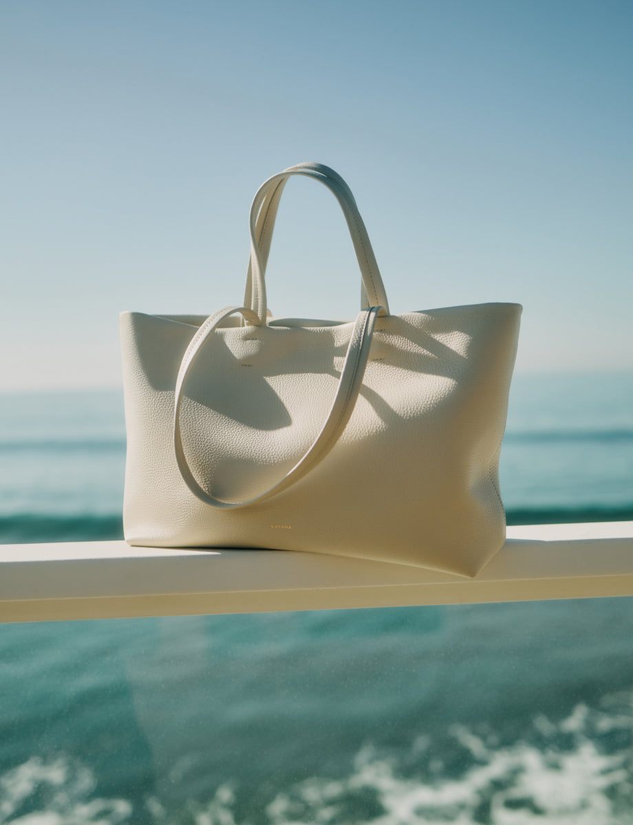 Tote bag on a ledge by the ocean.