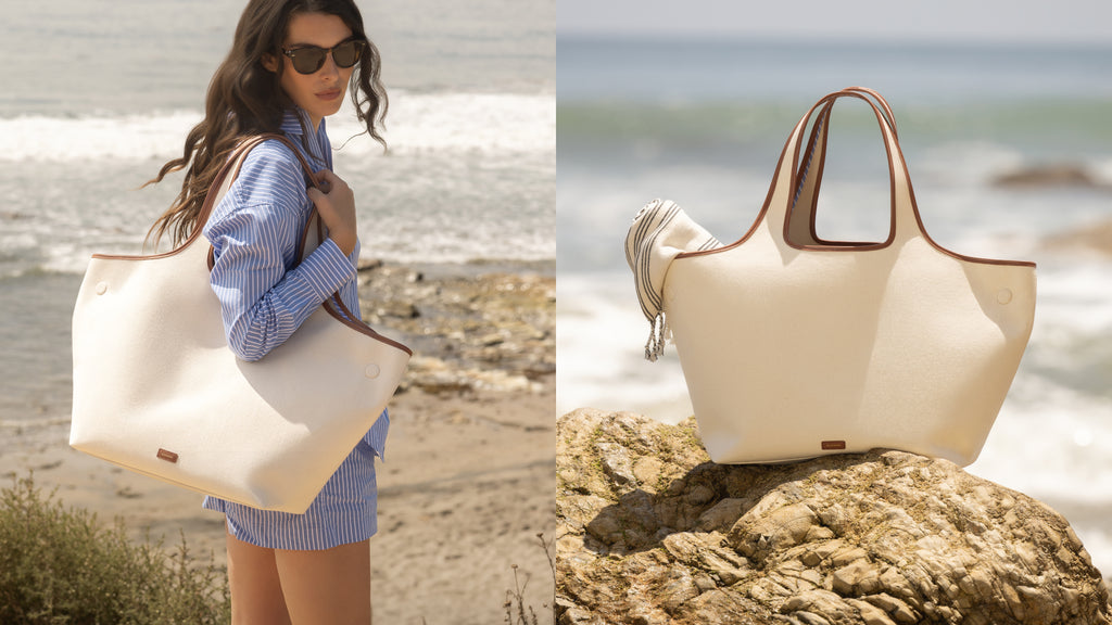 Person wearing striped outfit carrying large tote bag near ocean, tote on rock in second view.