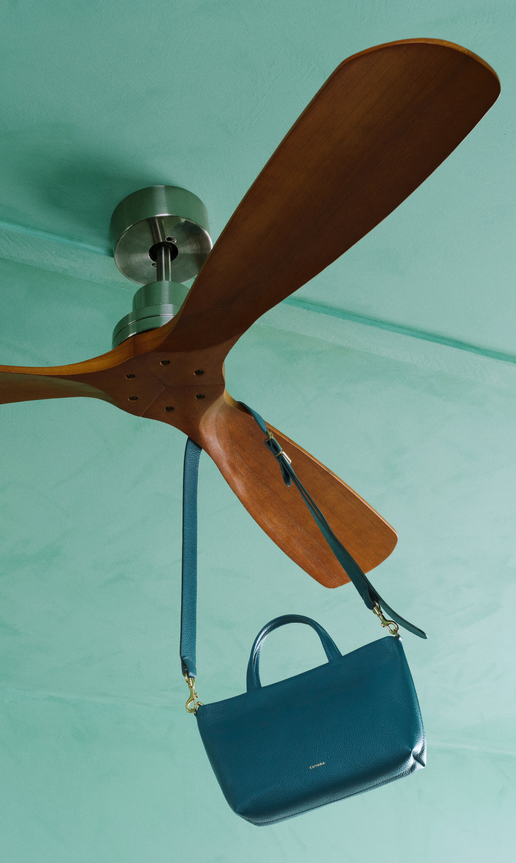 Bag hanging from ceiling fan blade.