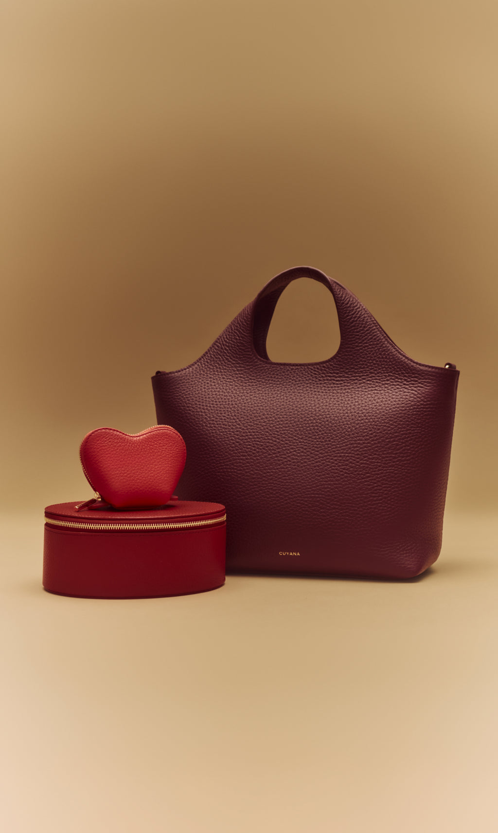 Bag with two cases, one heart-shaped, set against a plain background.