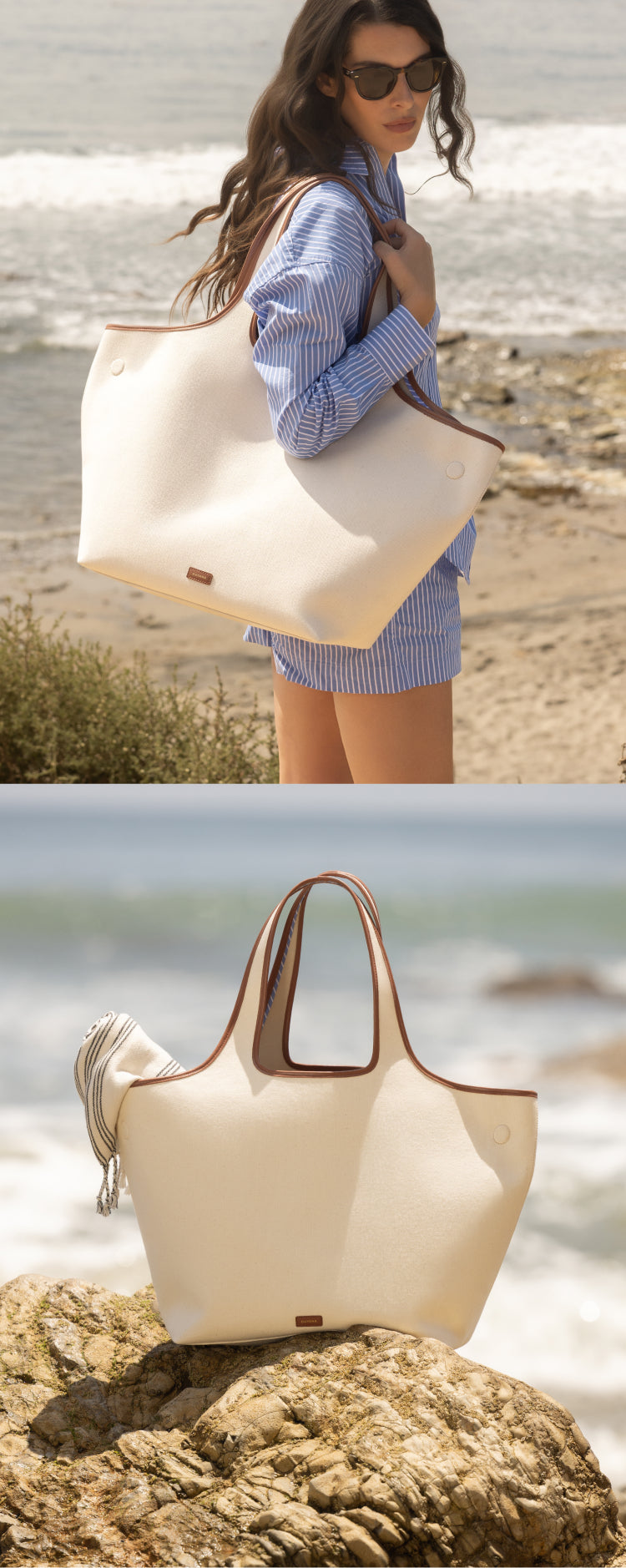 Person at beach holding large tote bag, ocean in background; close-up of tote bag on rocks.