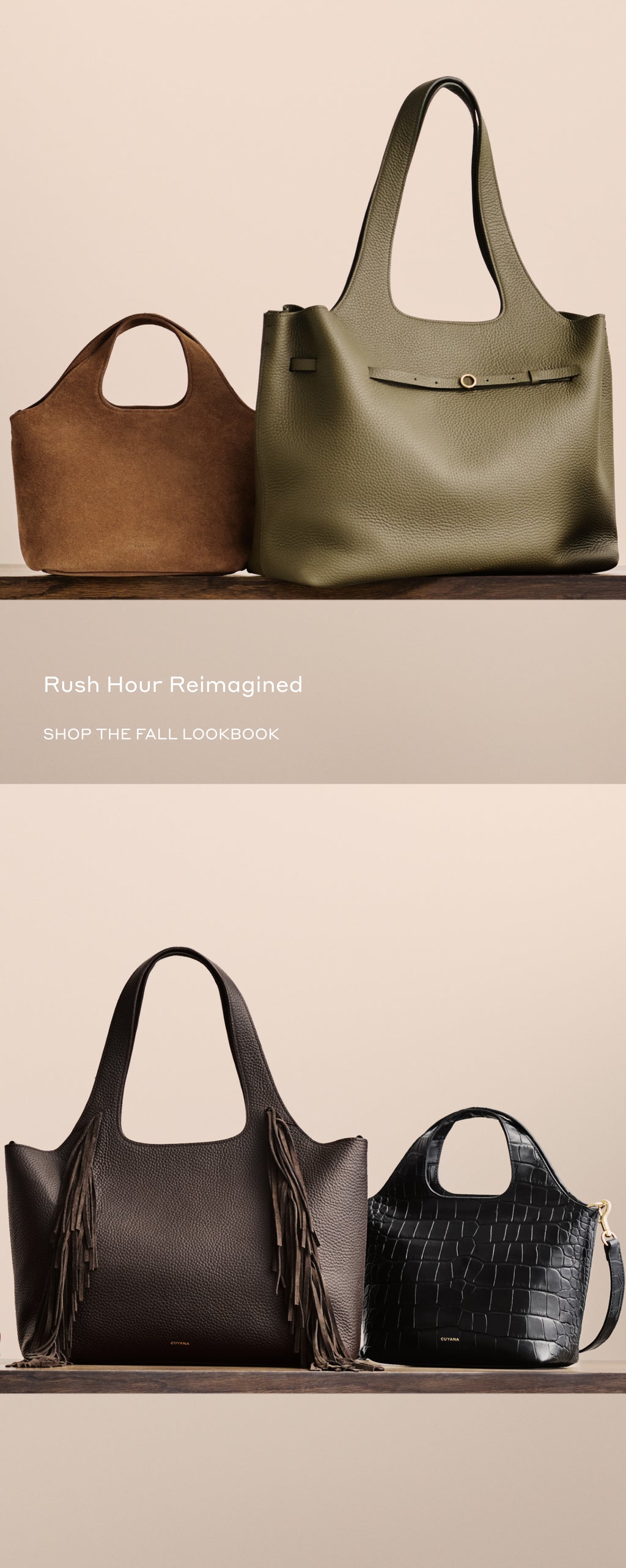 Two tote bags on top, tote with fringe and croc-embossed bag on bottom shelf.
