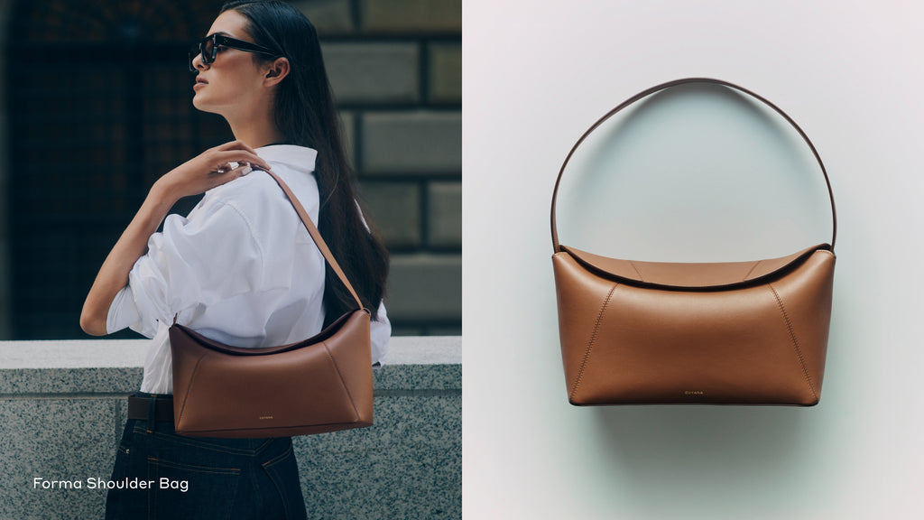 Person holding a shoulder bag; close-up of the same bag on the right.