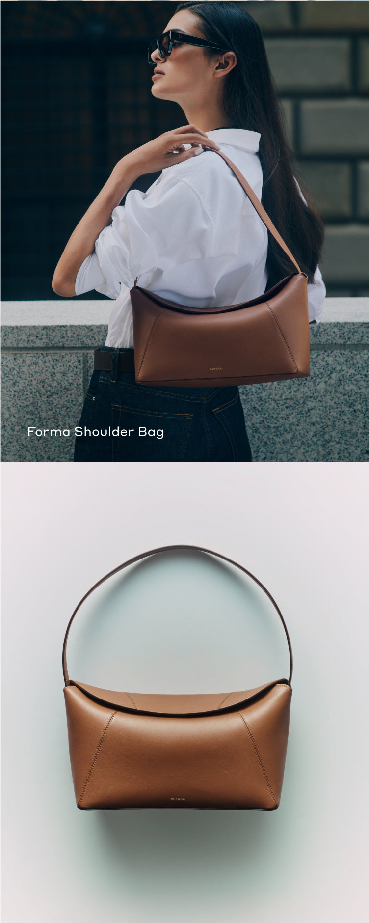 Woman holding a shoulder bag; close-up view of the bag on white background.