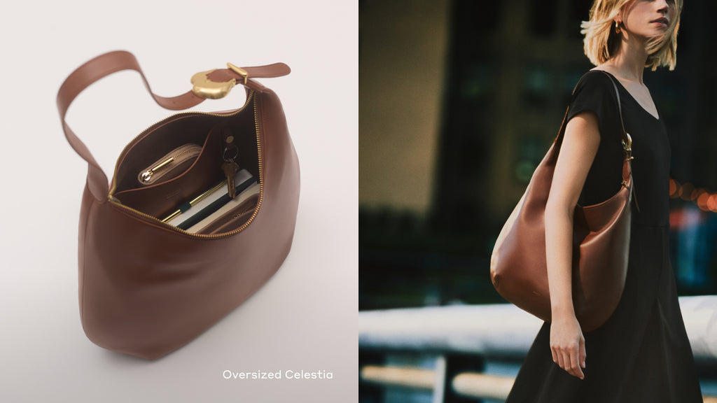 Left: Open handbag with items inside. Right: Person in dress carrying handbag.