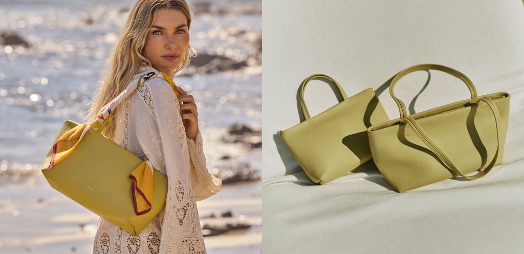 Left: Person with shoulder bag on the beach. Right: Two handbags on a plain background.